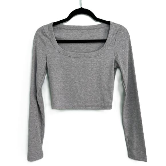 NWOT Commense Scoop Neck Long Sleeve Crop Jersey Ribbed Gray Tee-Medium - Picture 1 of 11